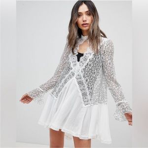 Free People Secret Origins Pieced Lace Choker Neck Tunic Dress White Size L
